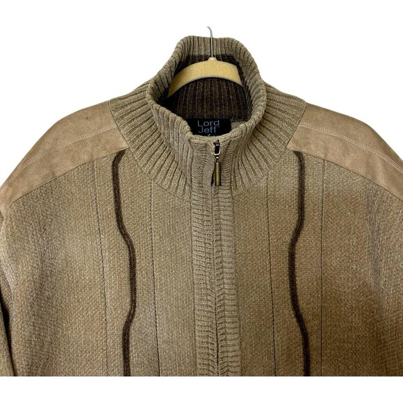 Lord Jeff Mens XL Wool Blend Heavy Knit Tan Sweater Full Zip Suede Shoulder - Picture 3 of 10